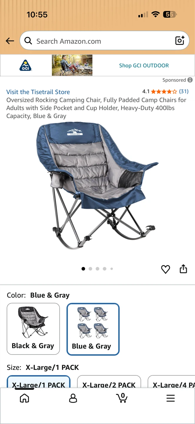 Tisetrail Oversized Padded Rocking Camping Chair - Blue & Gray