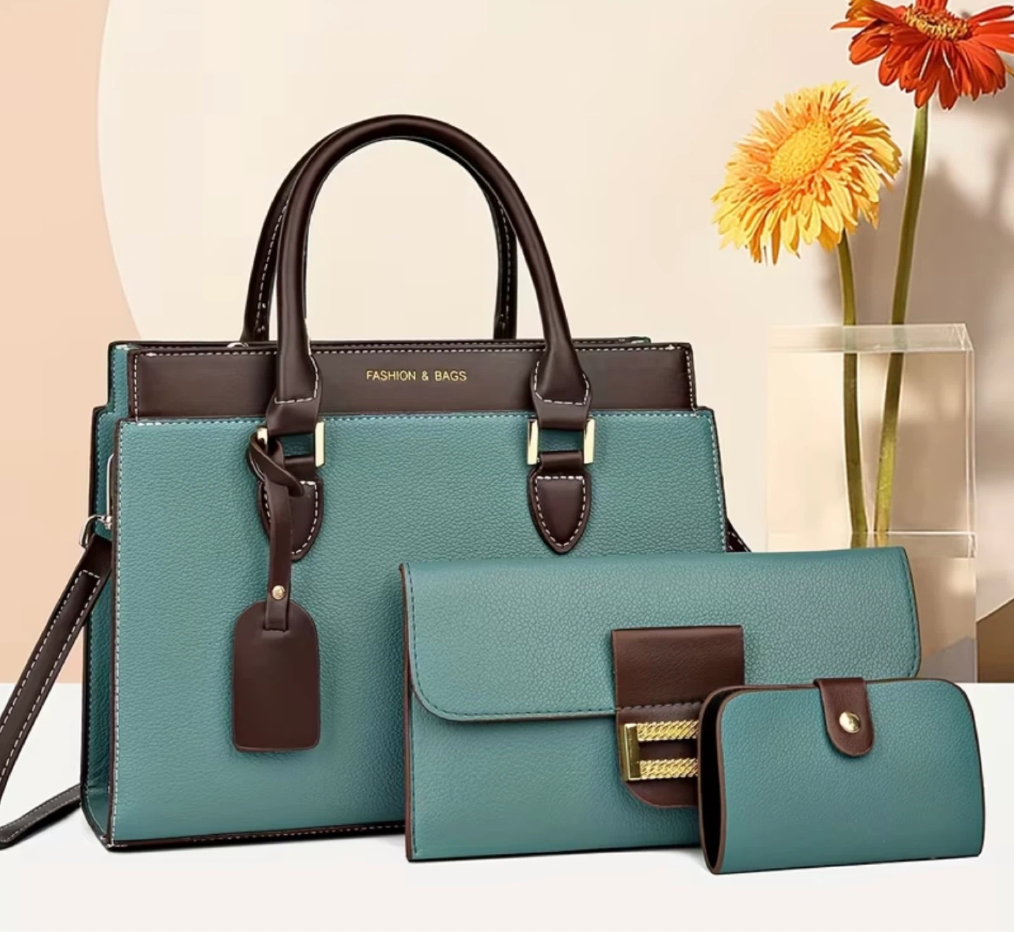 3 Piece Teal Faux Leather Handbag Set