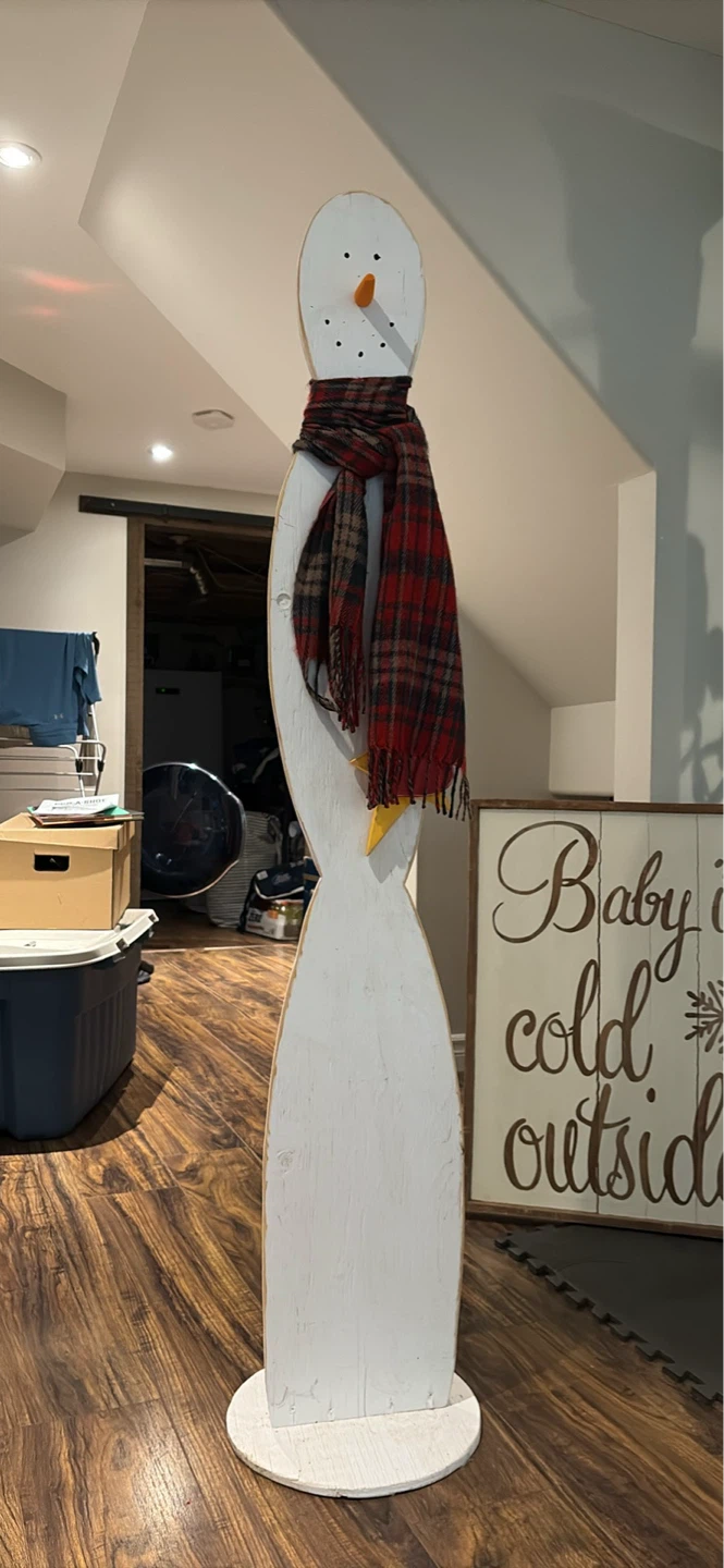 Wooden Snowman Decoration with Plaid Scarf