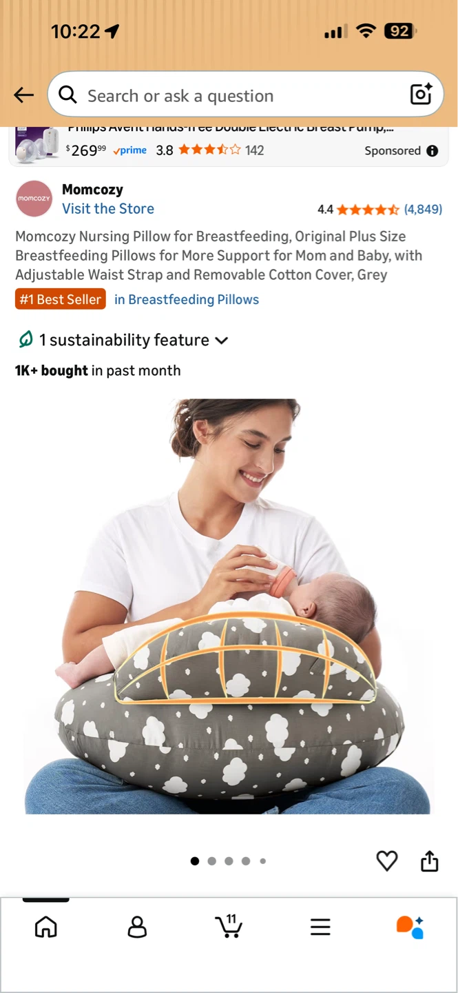 🤍 Momcozy Nursing Pillow – Gray with White Clouds 🤍