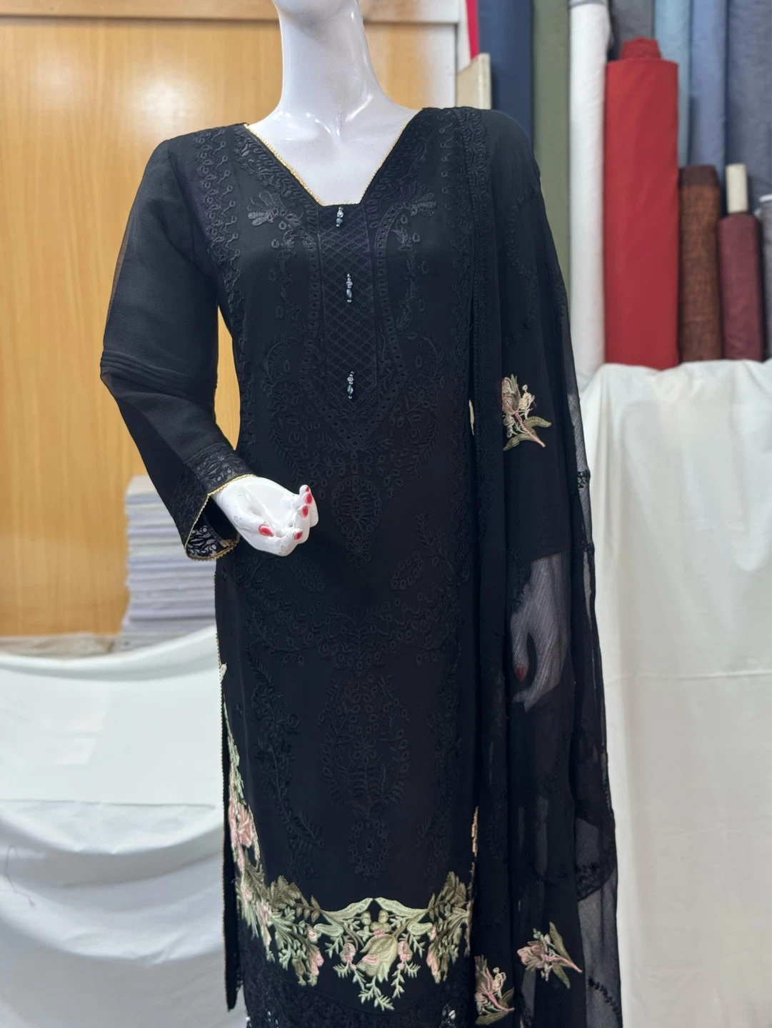 Black embroidered 3-piece suit with dupatta