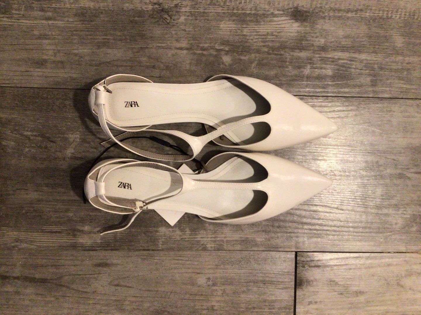 Zara White Pointed Toe Flats with Ankle Strap - Size 10