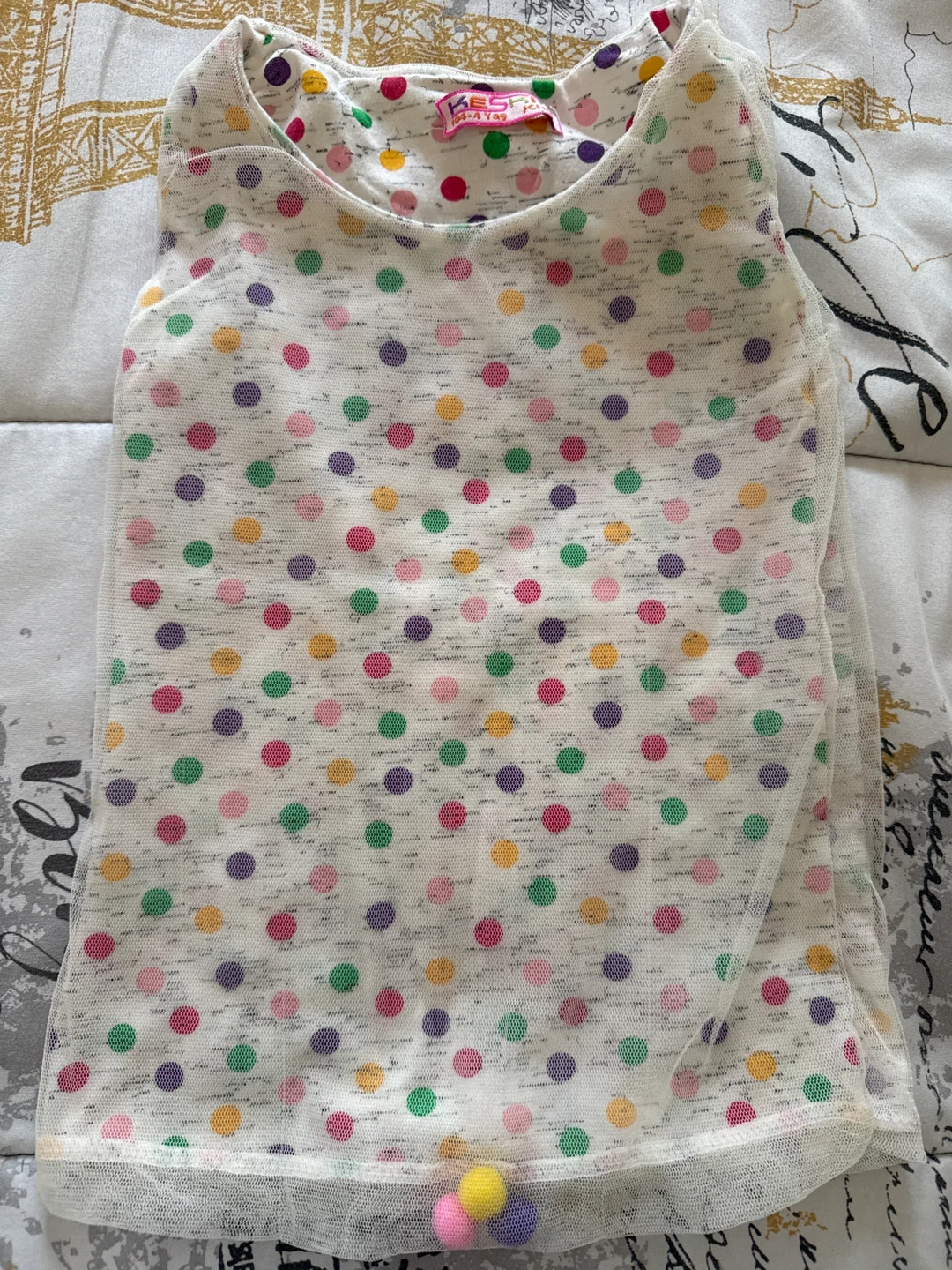 KES Tag Mesh Polka Dot Top with Pom Poms