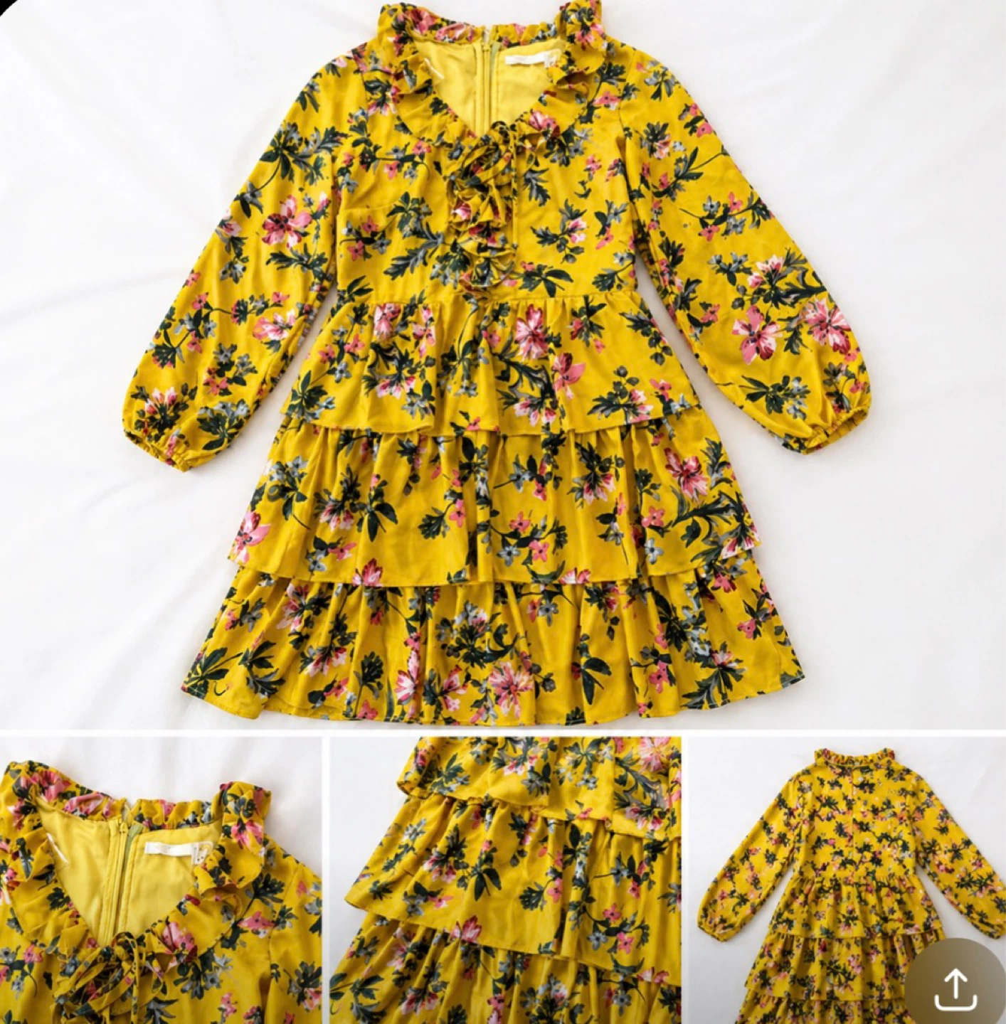 Yellow Floral Tiered Dress with Ruffled Neckline
