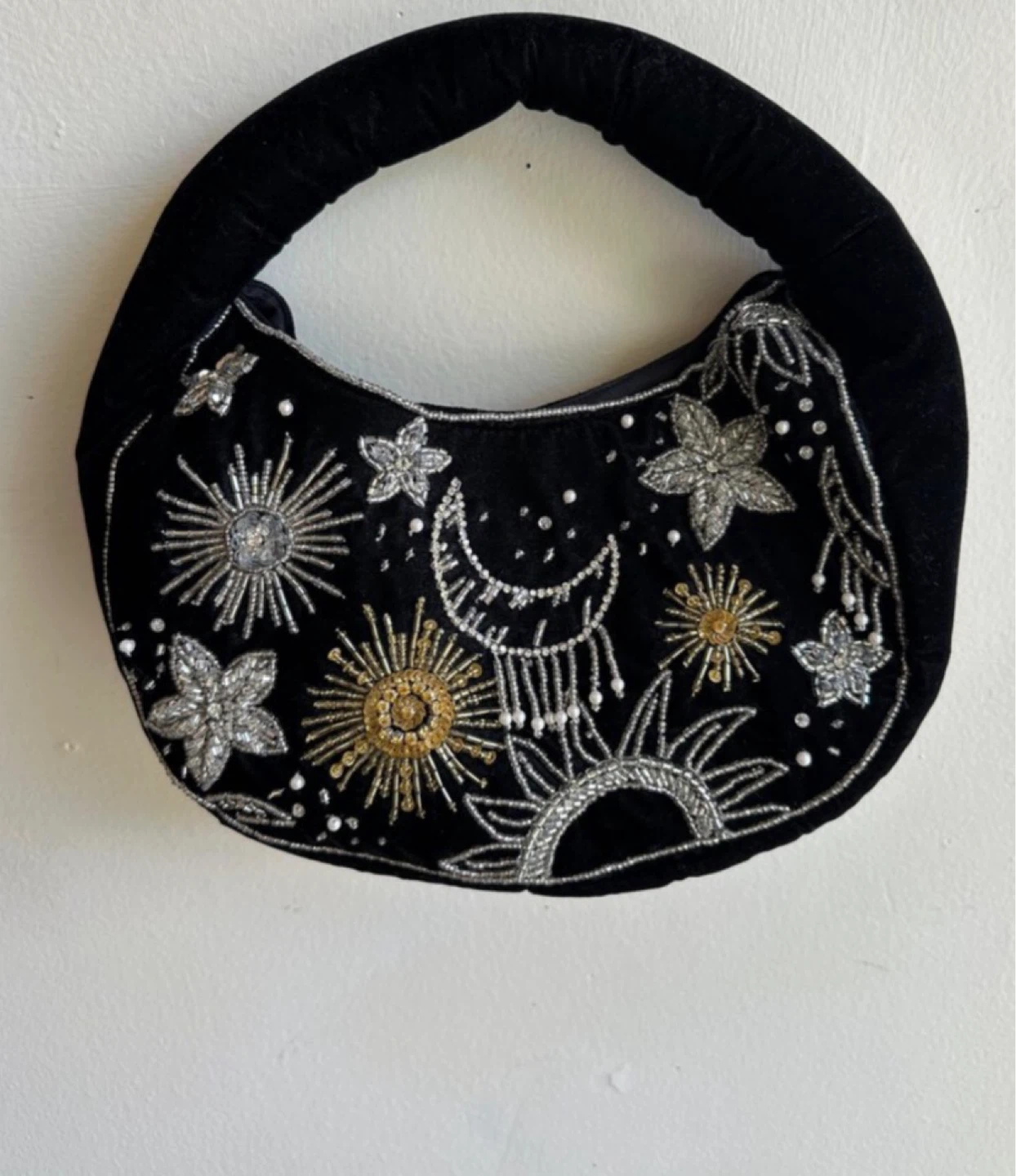 Black Velvet Beaded Moon & Sun Handbag