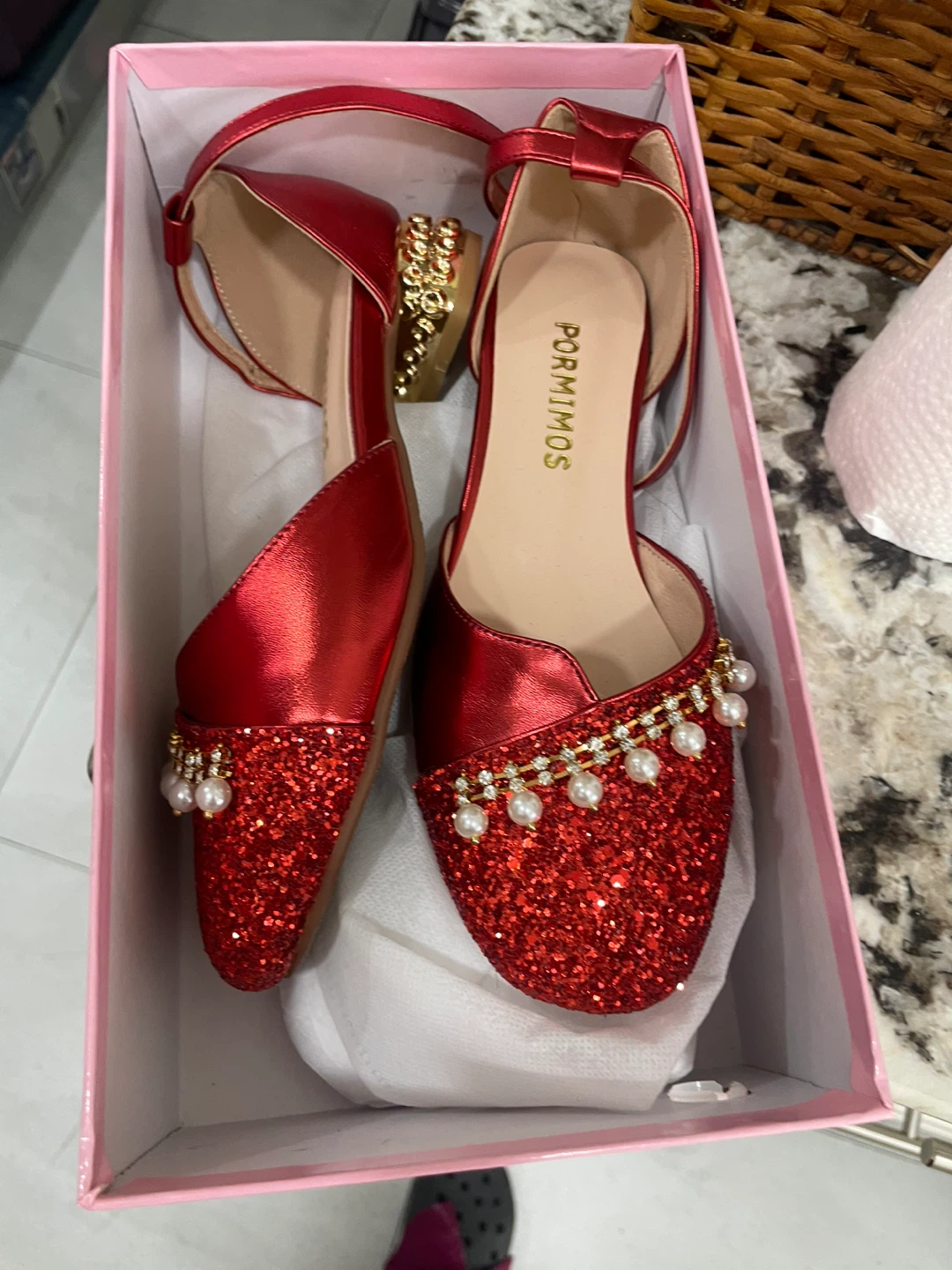 Primimos Red Glitter Embellished Flats - Size 4