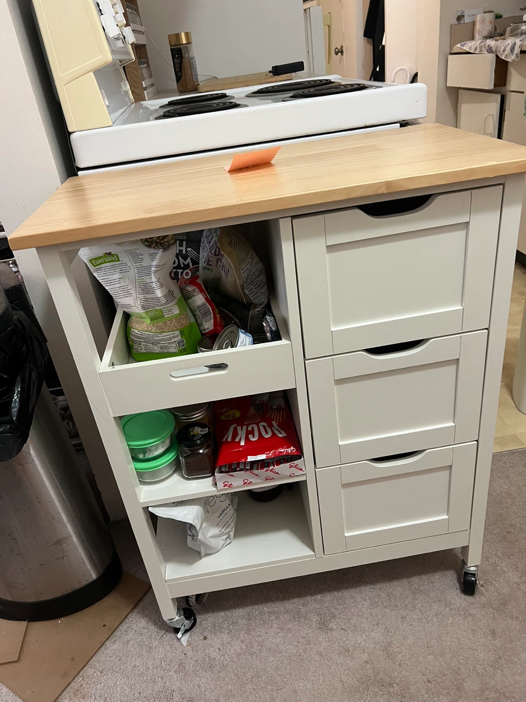 White Kitchen Cart with 3 Drawers and Shelves