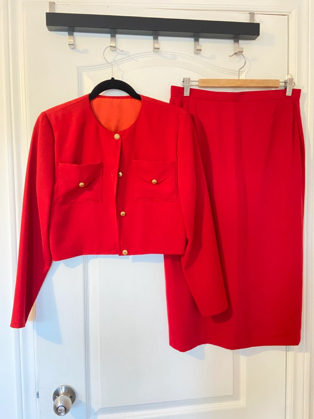Red Skirt Suit with Gold Buttons