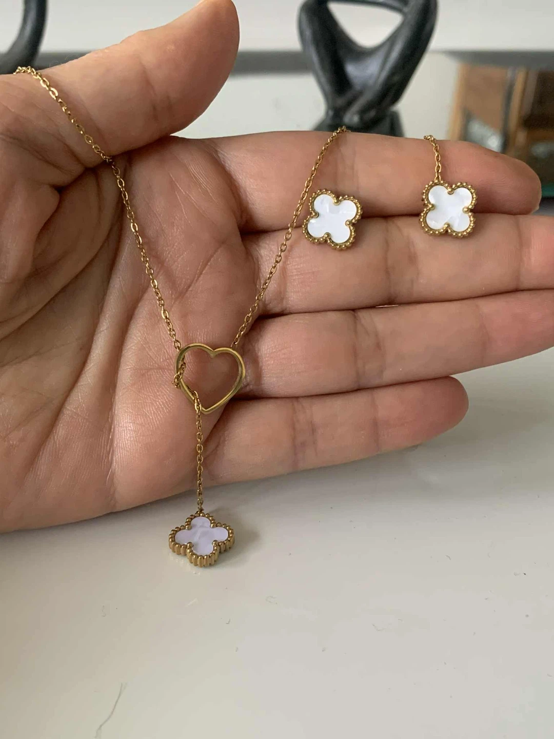 Gold plated Necklace and Earring Set with Clover Design