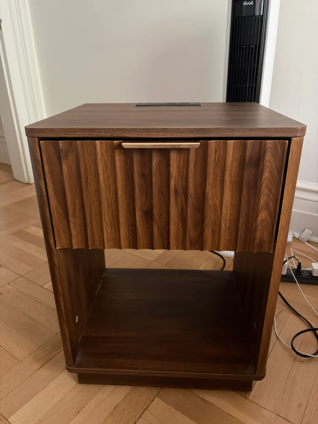 Walnut Nightstand with Drawer and Integrated Charging Station