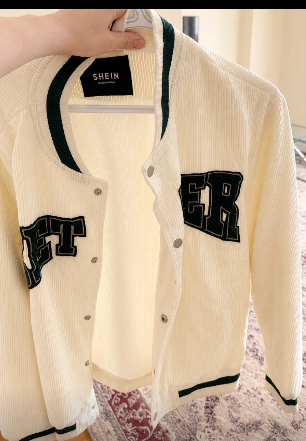 SHEIN Cream Corduroy Varsity Jacket