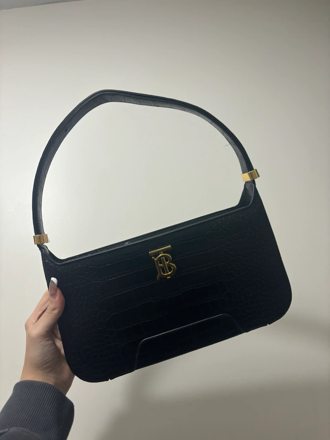 Burberry Black Crocodile Embossed Leather Shoulder Bag