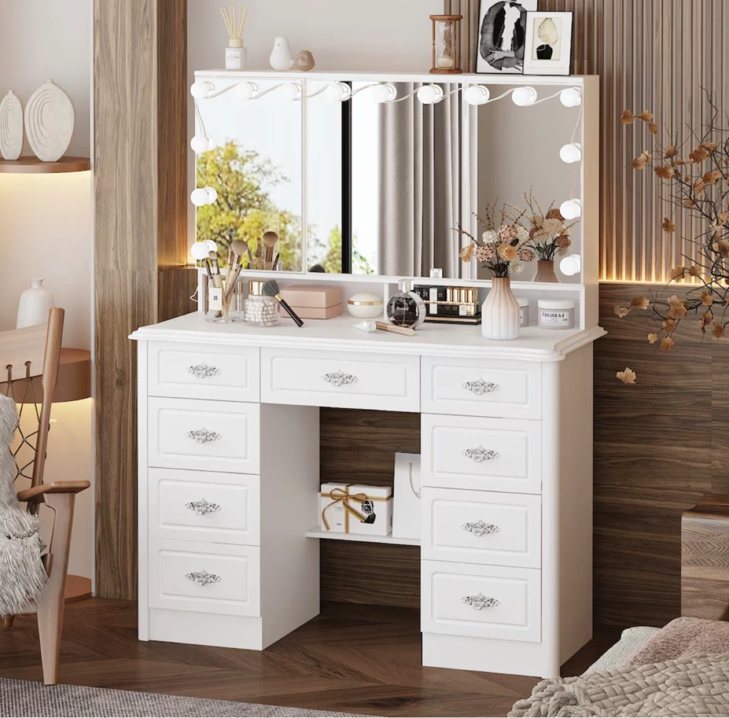 FUFU&GAGA White Makeup Vanity Table with Lighted Mirror