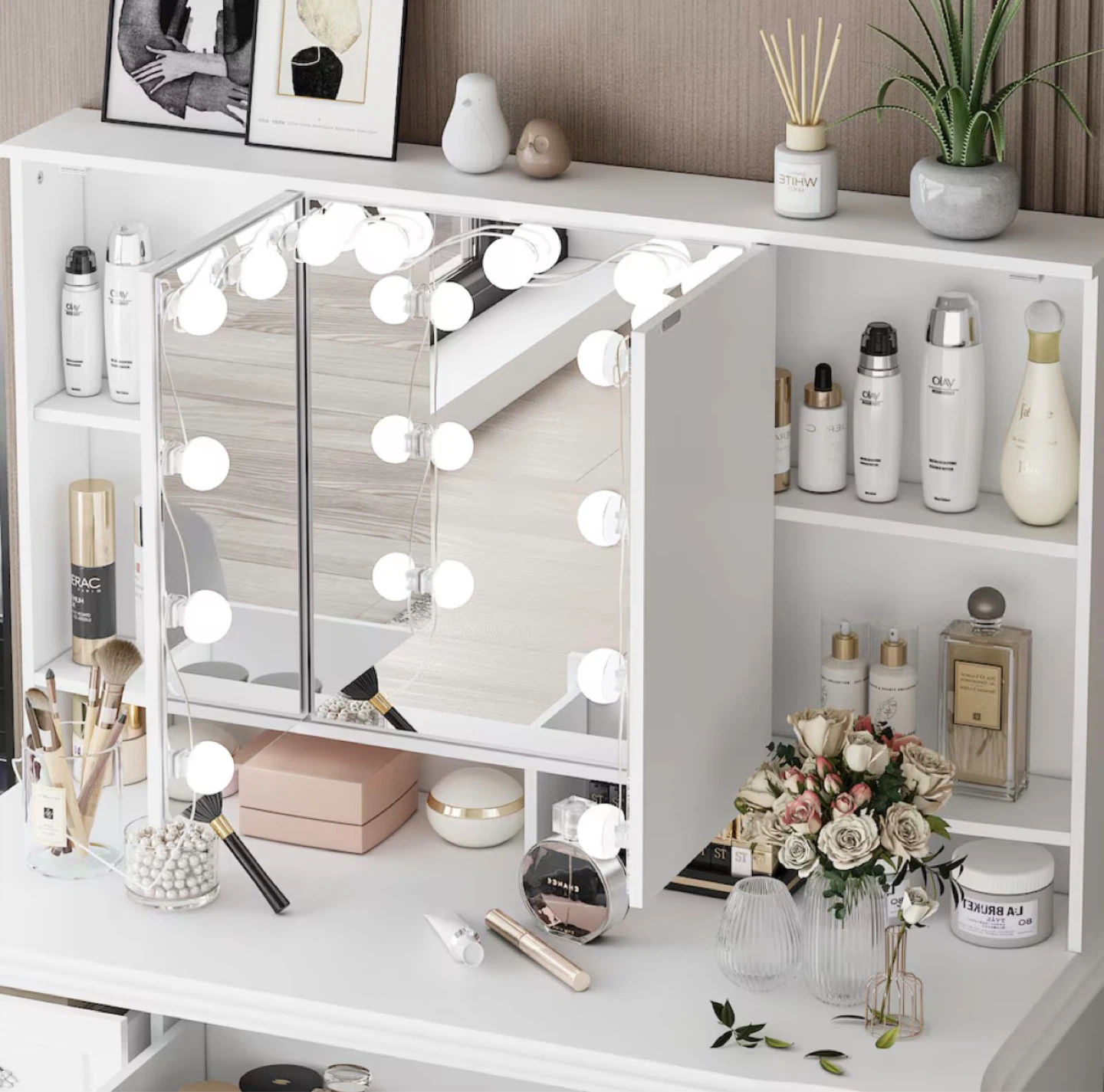 FUFU&GAGA White Makeup Vanity Table with Lighted Mirror - photo 5