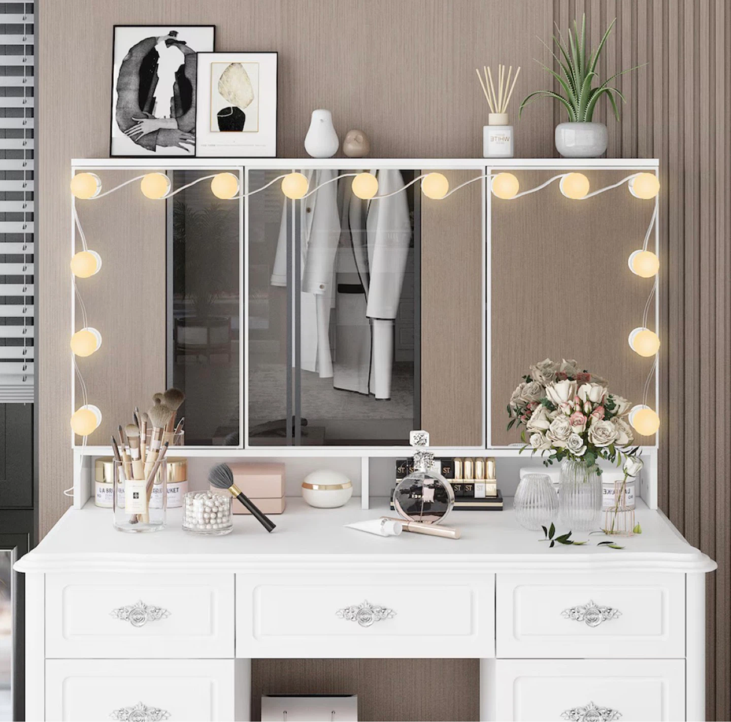 FUFU&GAGA White Makeup Vanity Table with Lighted Mirror - photo 3