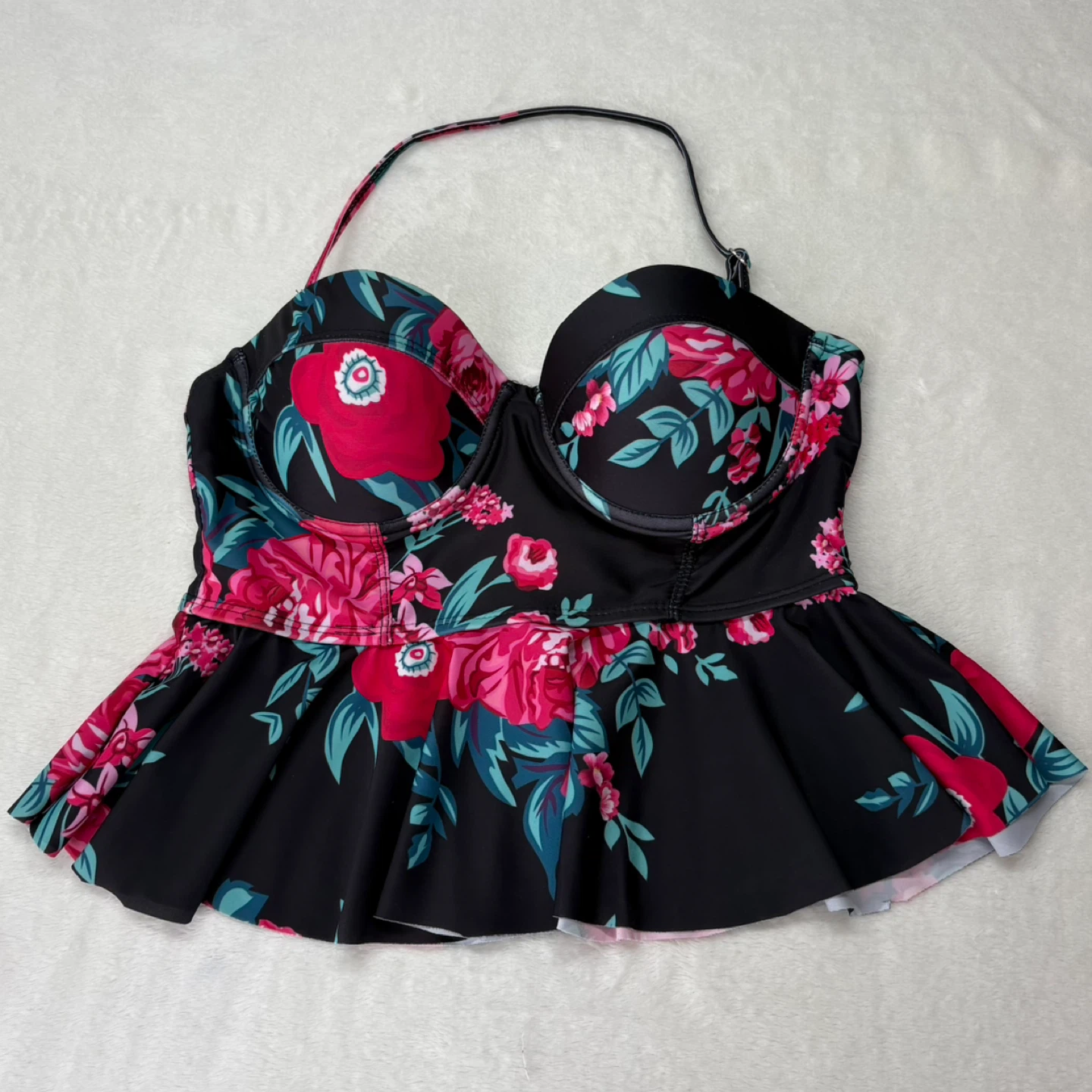 Black Floral Peplum Tankini Top Underwire Padded Swimwear Beach - photo 2