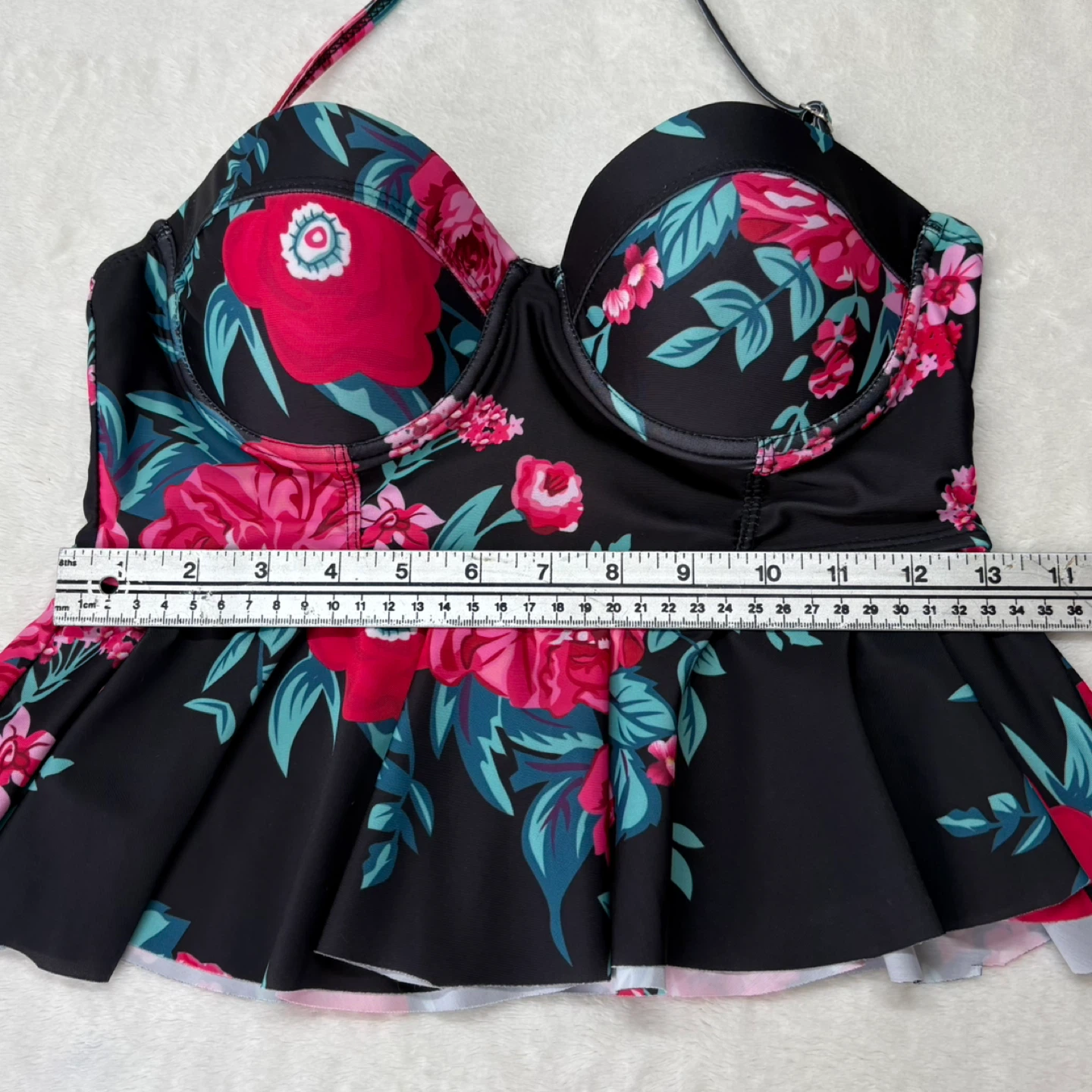Black Floral Peplum Tankini Top Underwire Padded Swimwear Beach - photo 4