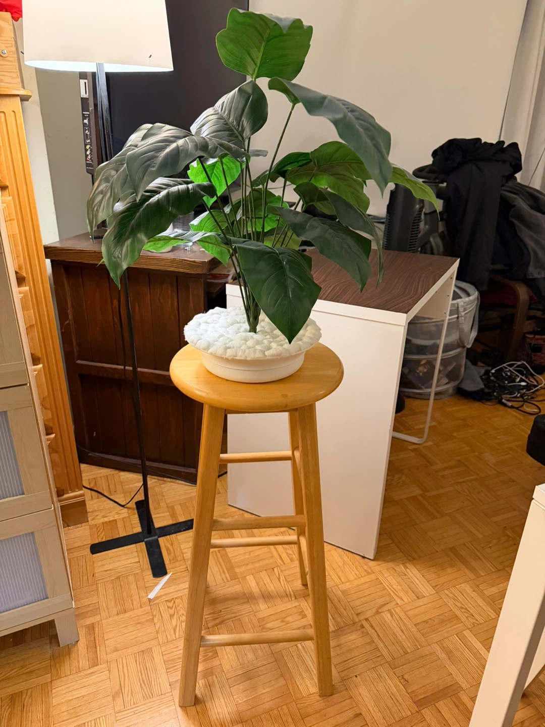 Wooden Bar Stool with plant