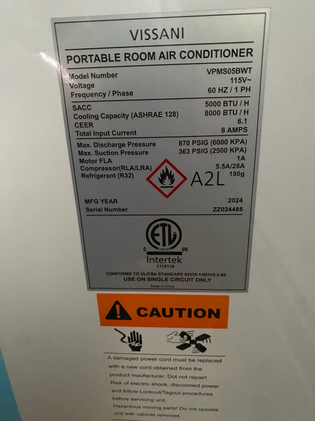 VISSANI Portable Room Air Conditioner VPMS05BWT - photo 3