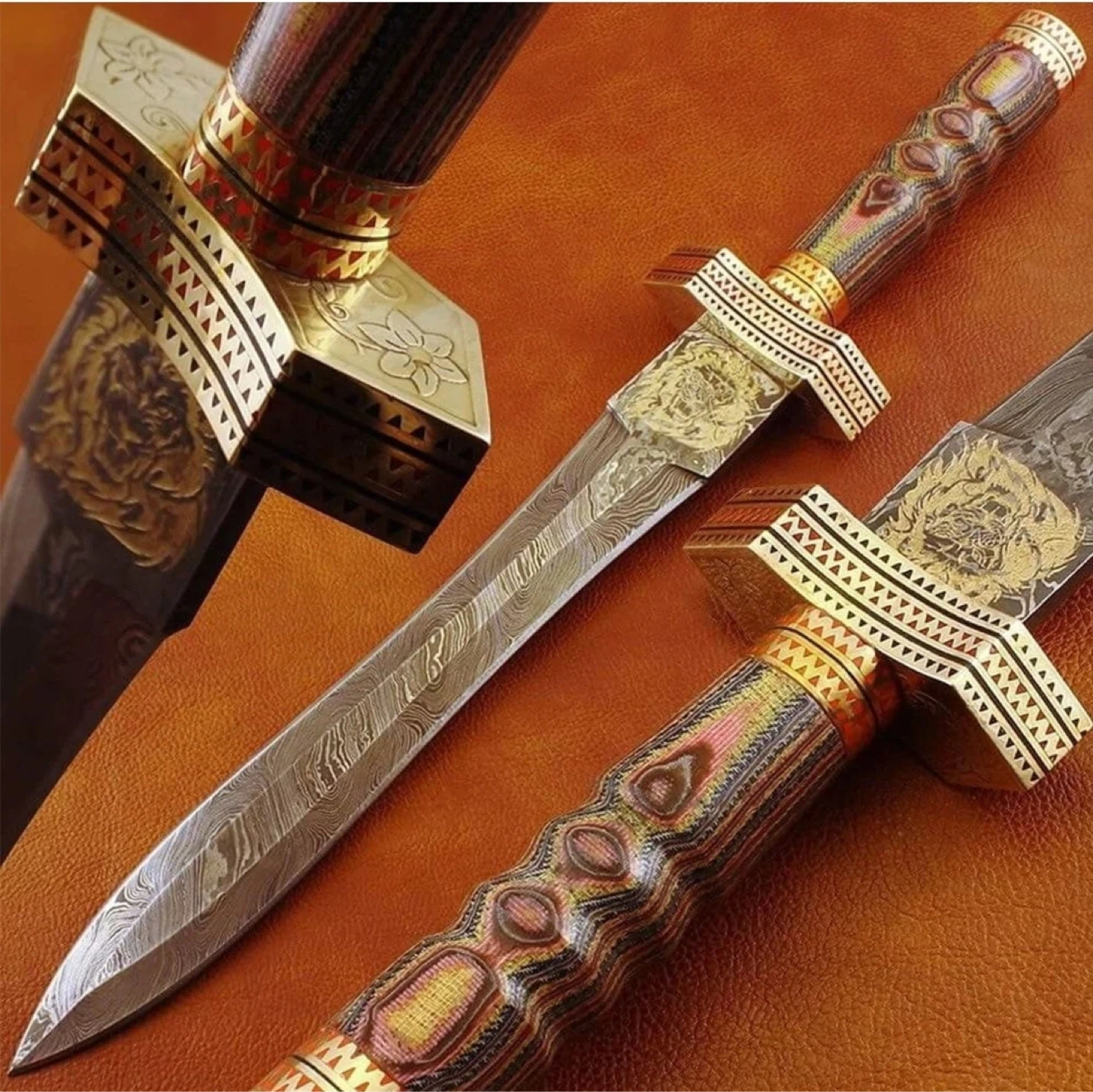 Decorative Dagger with Damascus Blade and Engraved Hilt