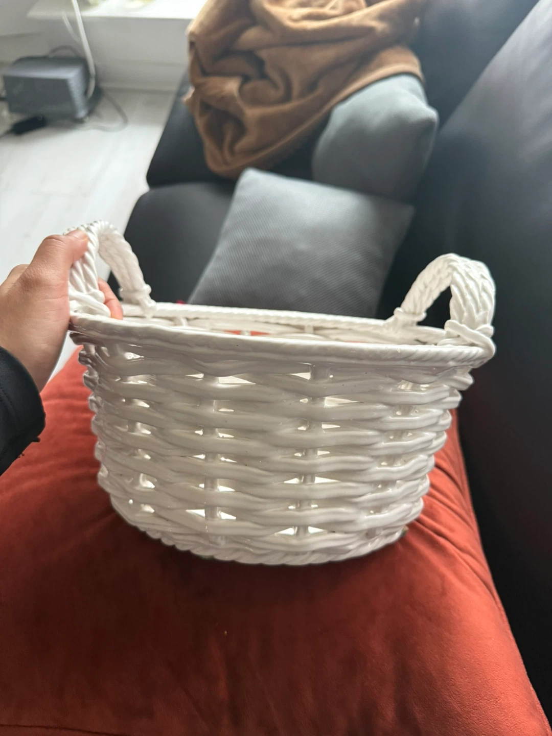 White Woven Basket ceramic with Handles-made in Portugal
