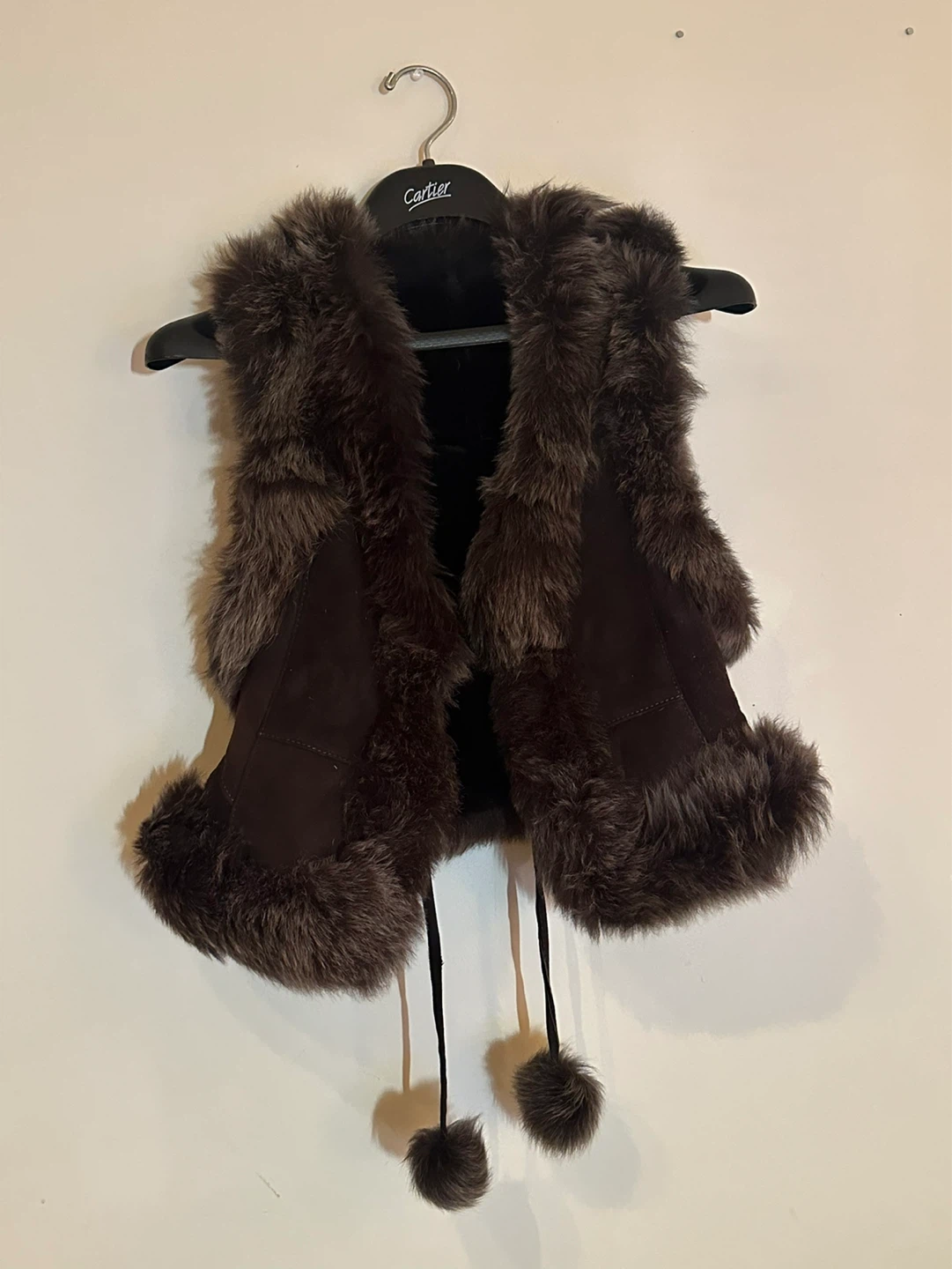 Shearling & Suede Vest with Pom Poms
