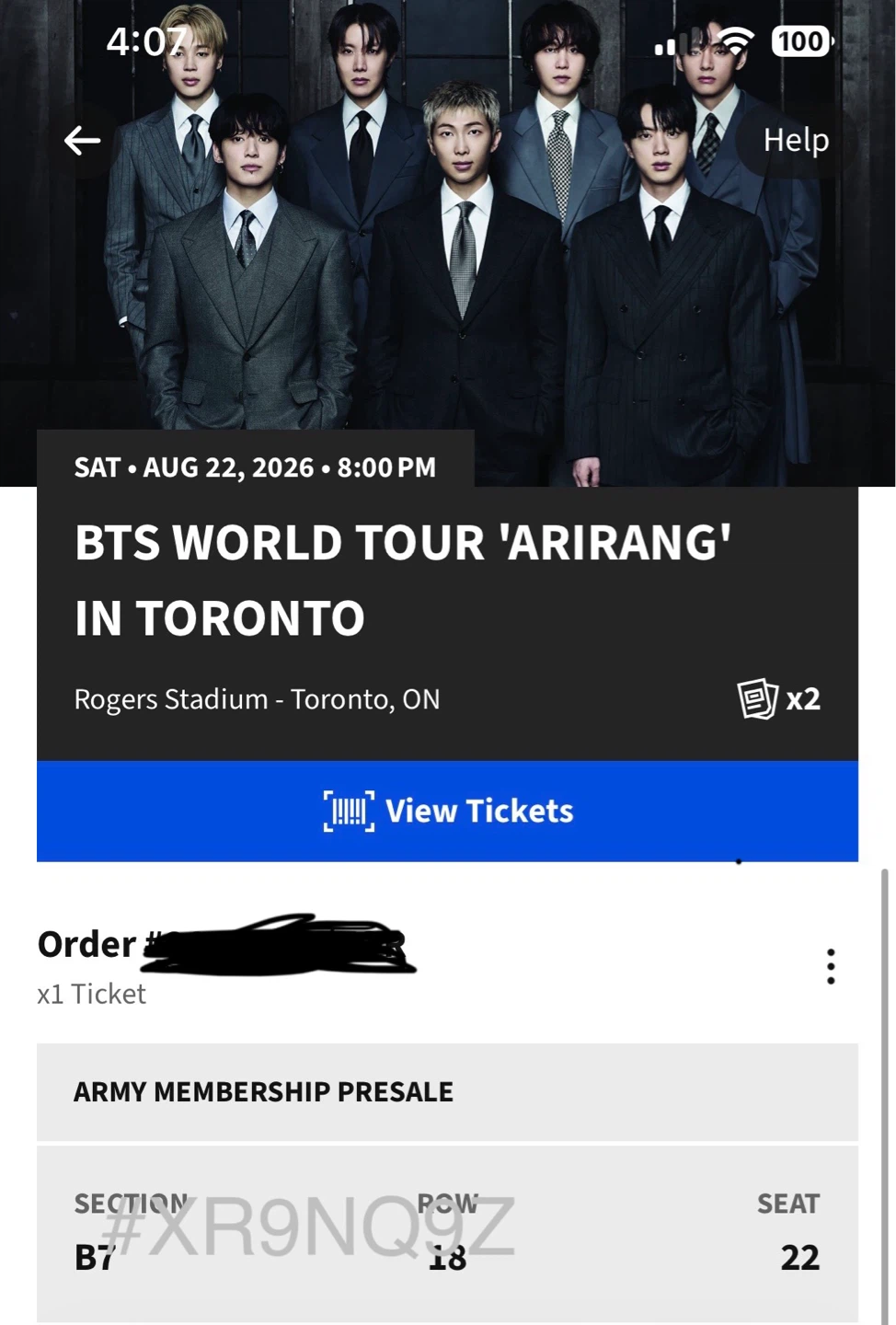 BTS World Tour 'Arirang' in Toronto Floor Seat Ticket