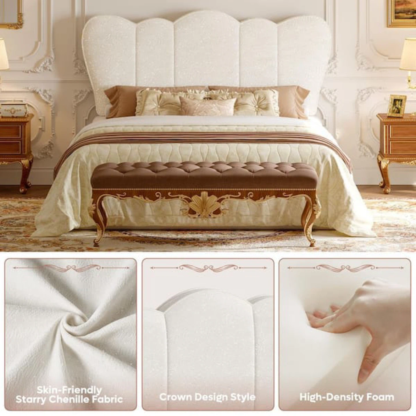 Queen Plush Ivory Crown Fabric Headboard Upholstered Headboard - photo 5