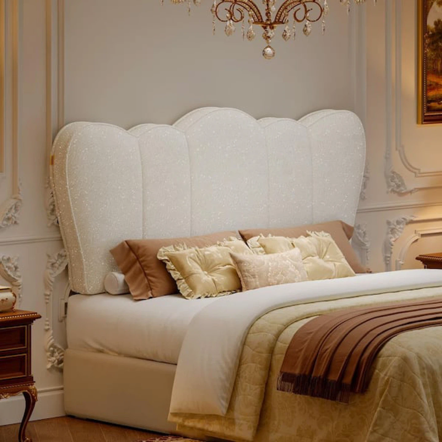 Queen Plush Ivory Crown Fabric Headboard Upholstered Headboard