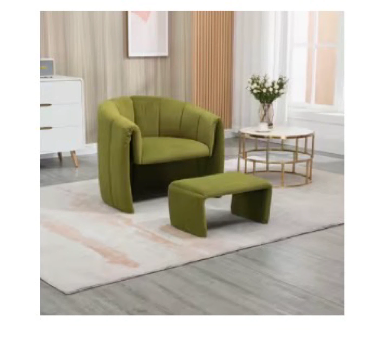 Olive Green Velvet Accent Chair with Ottoman - photo 2