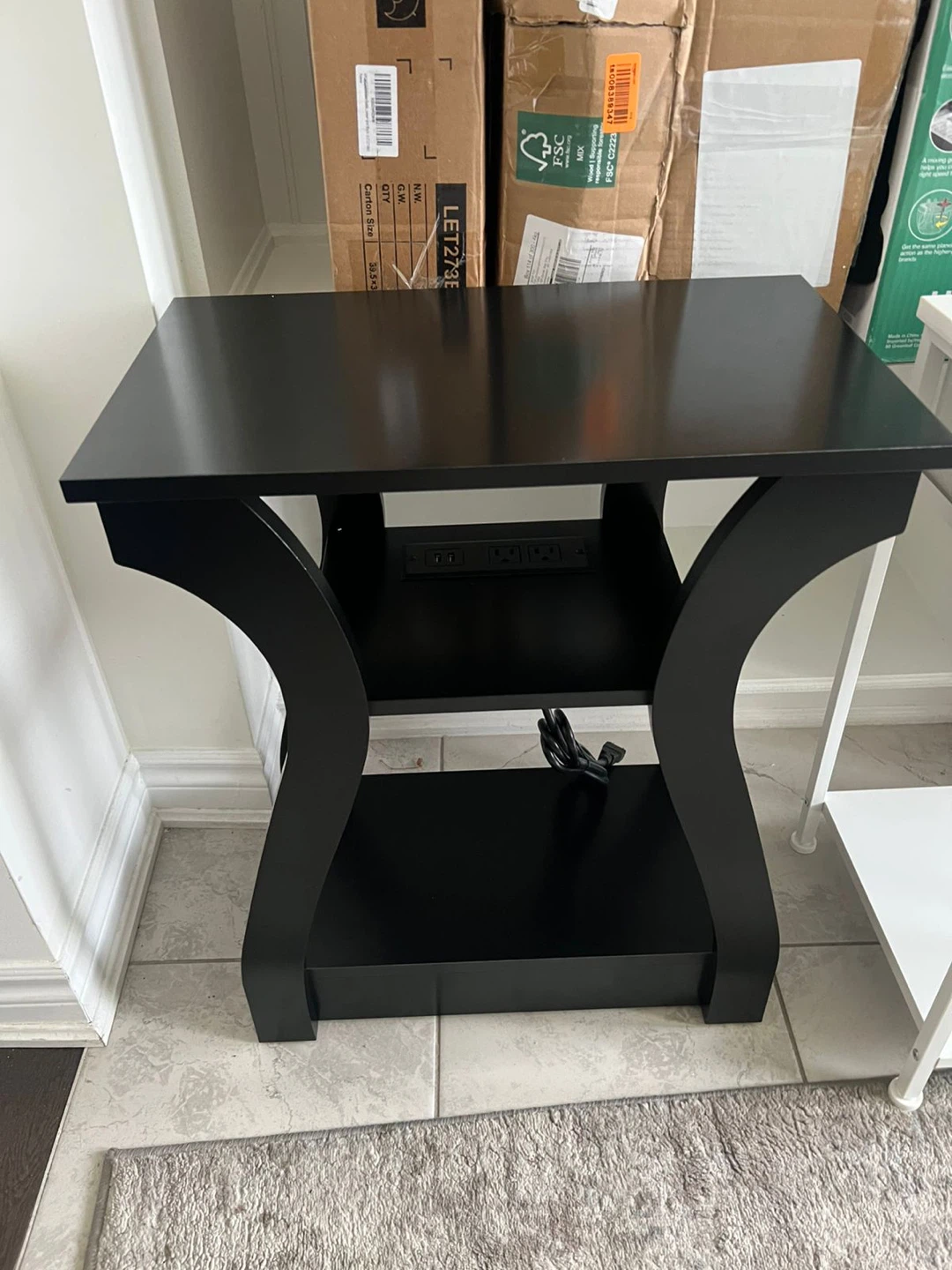 Black End Table with Built-in Outlet and USB Ports
