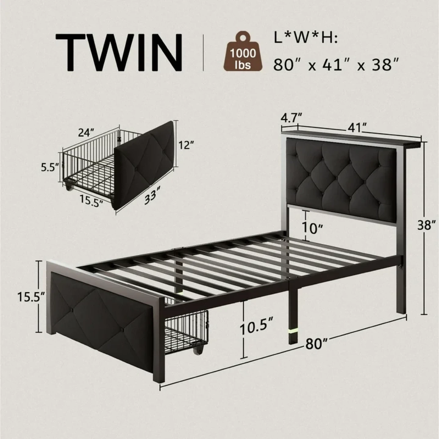 Virans Twin Size Bed Frame with Storage Drawers, L