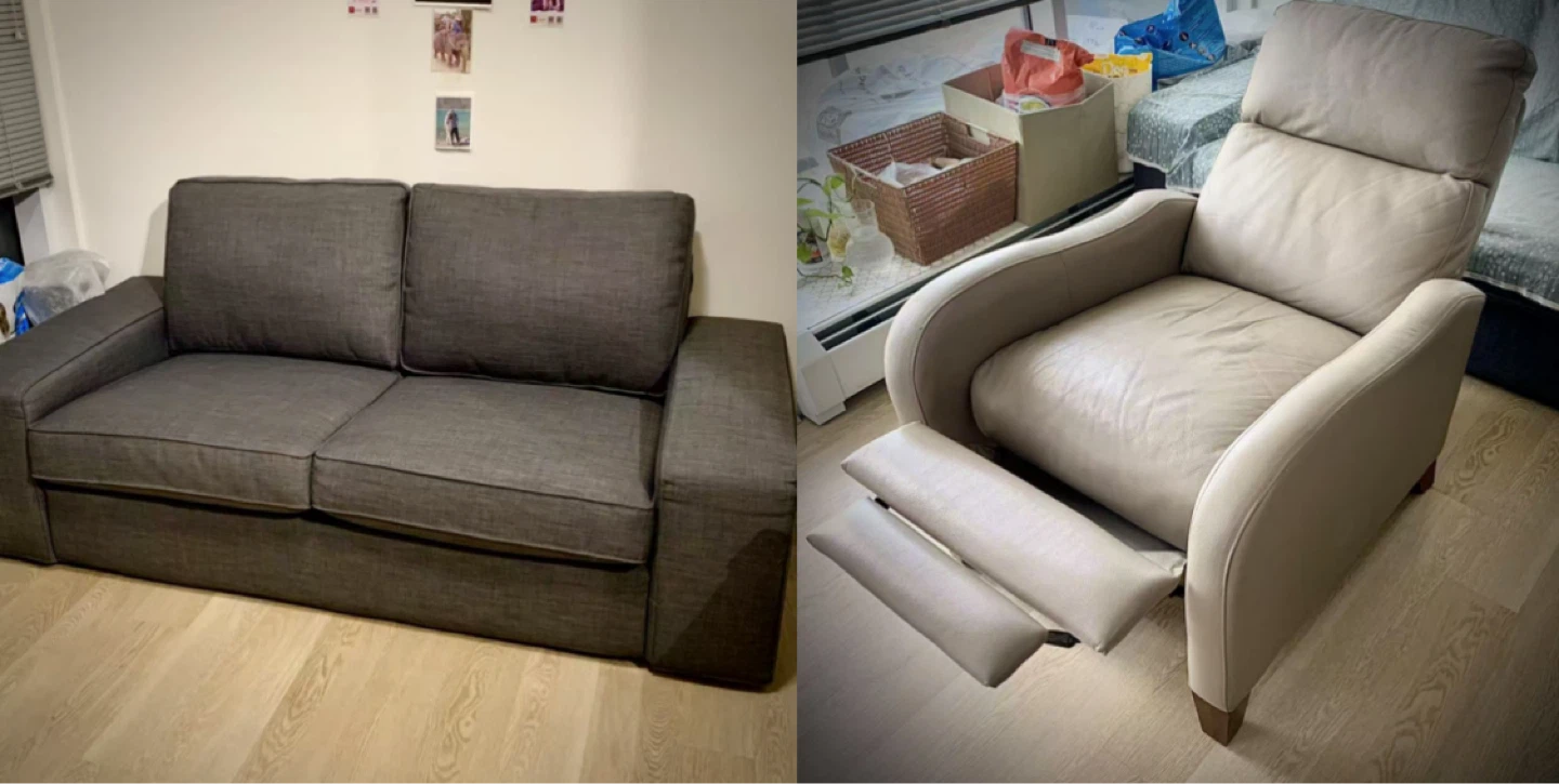 Dark Grey Fabric Sofa and Beige Leather Recliner Chair