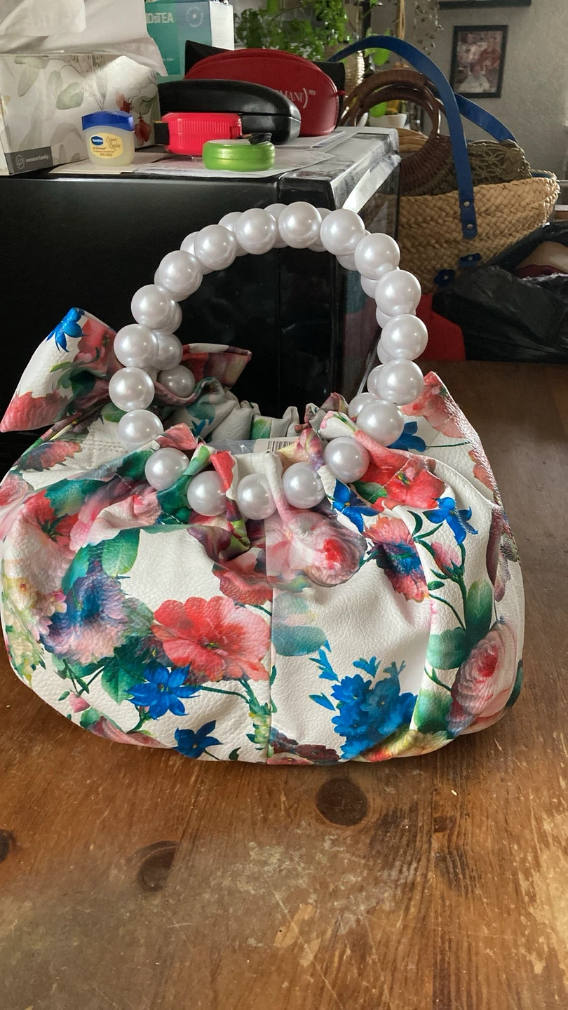 Floral Print Handbag with Pearl Handles - photo 2