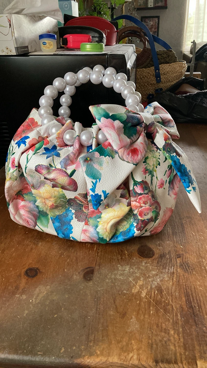 Floral Print Handbag with Pearl Handles