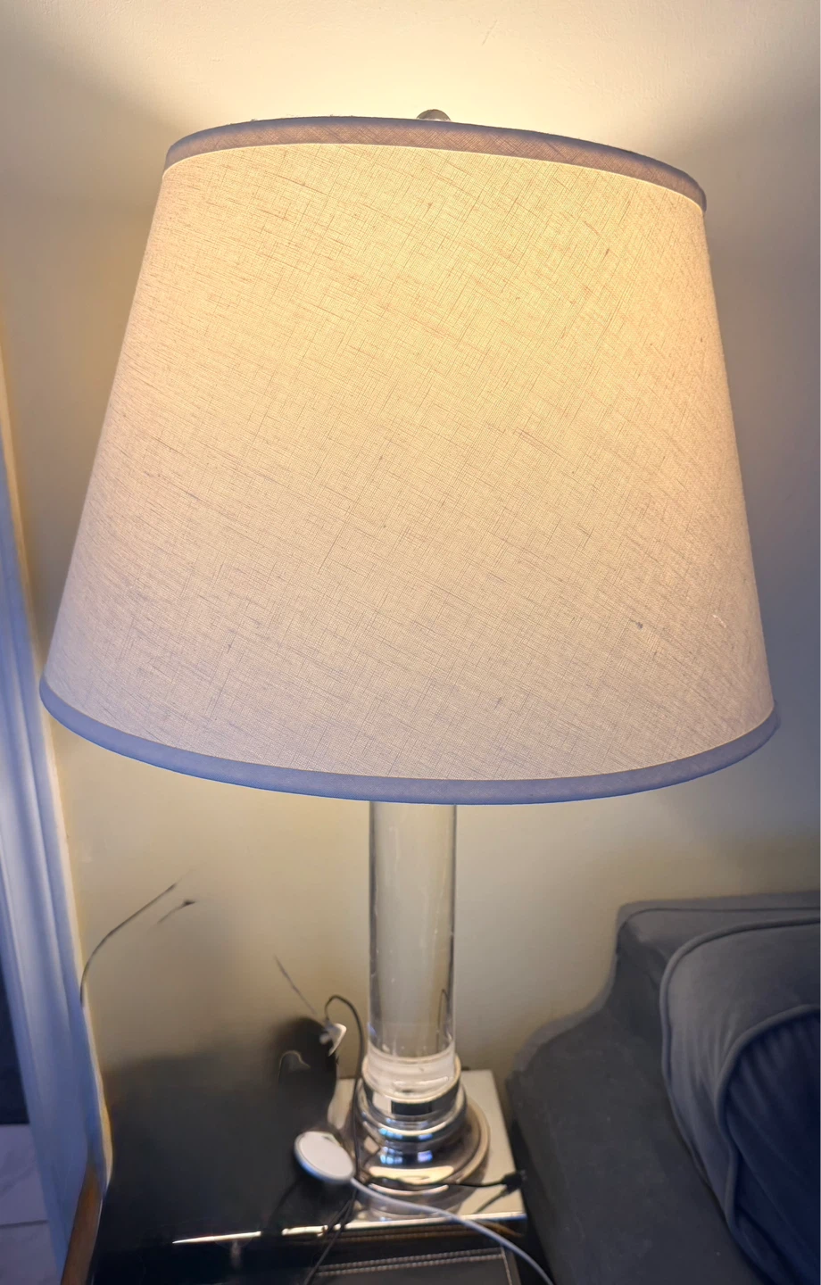 Pair (2) Clear Column Table Lamps w/  Beige Shade