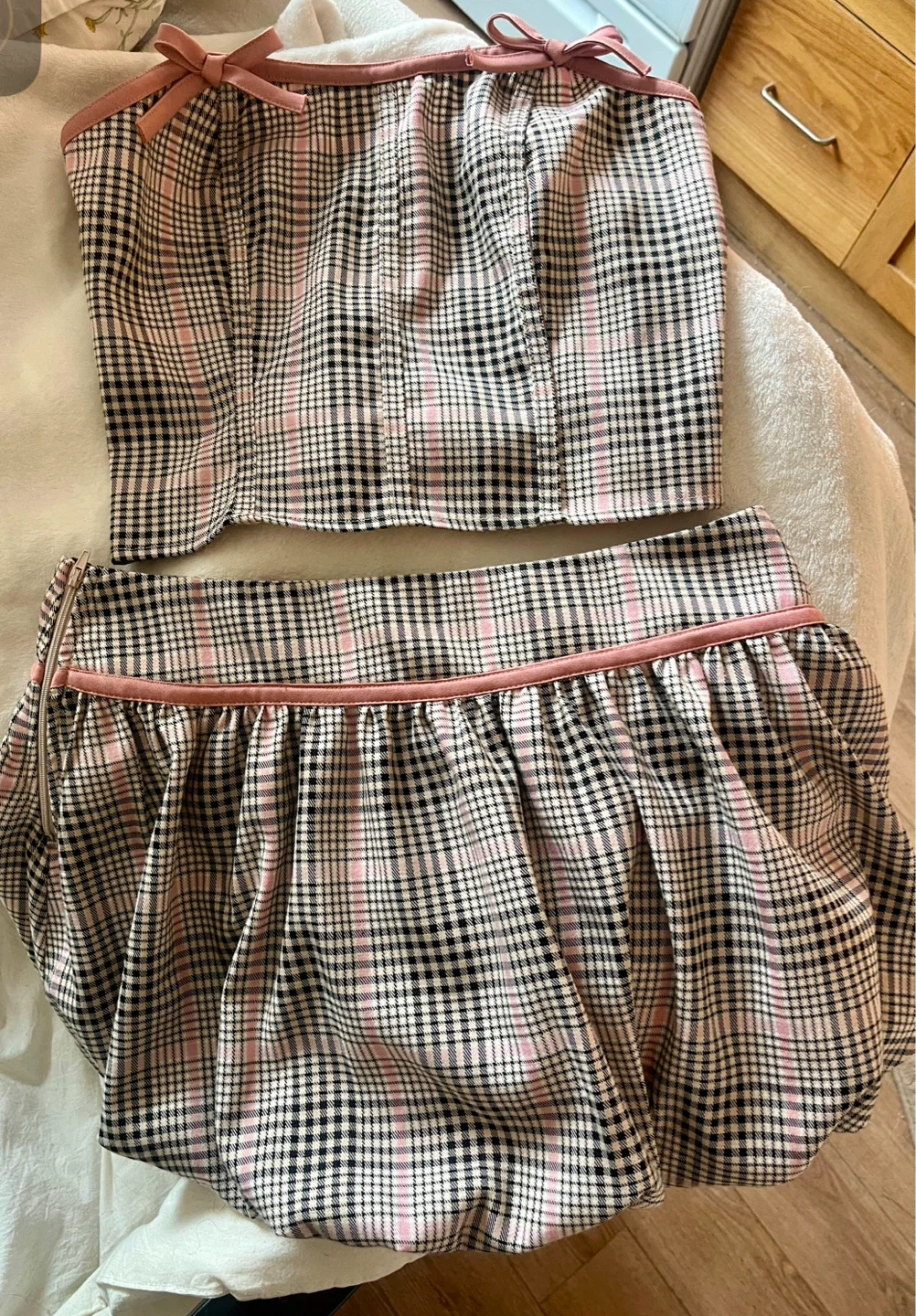 Black, Pink & White Plaid Bustier and Skirt Set - photo 2