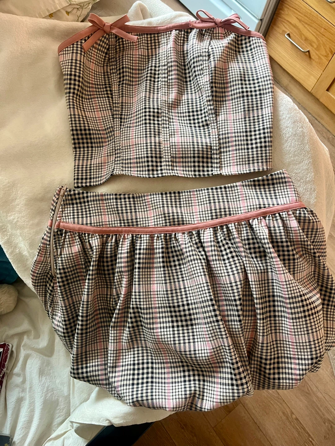 Black, Pink & White Plaid Bustier and Skirt Set