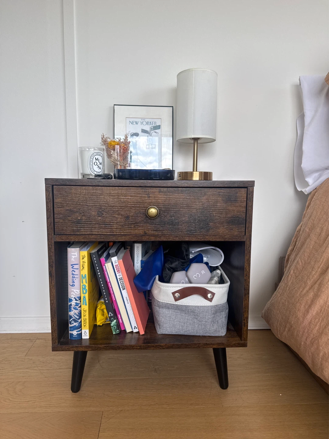 Brown Wood Nightstand with Drawer and Shelf