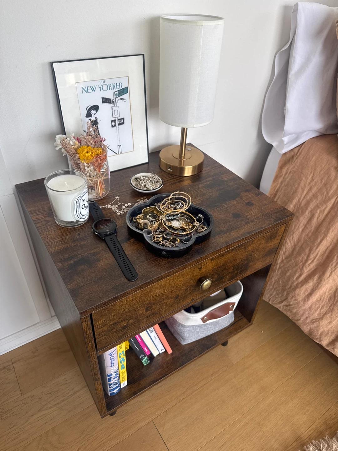 Brown Wood Nightstand with Drawer and Shelf - photo 2
