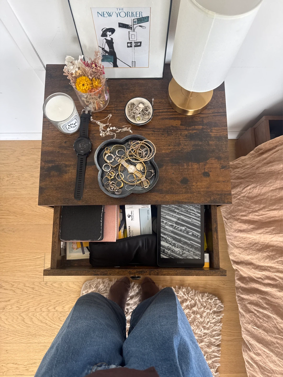 Brown Wood Nightstand with Drawer and Shelf - photo 3