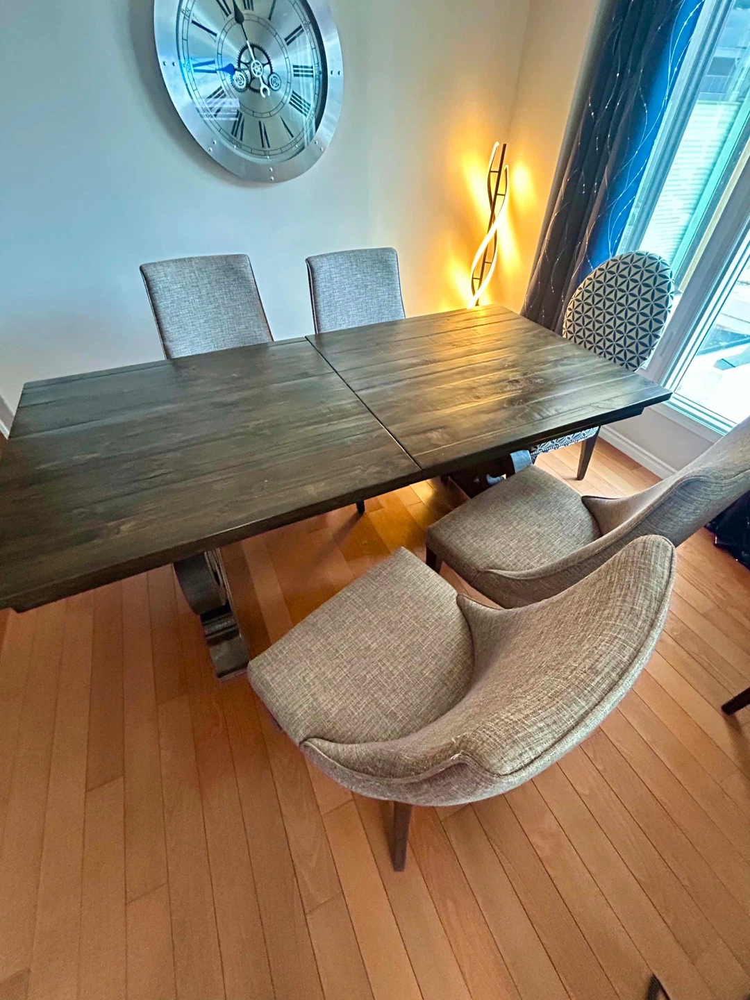 Solid carob wood dining table and six grey fabric chairs. - photo 2