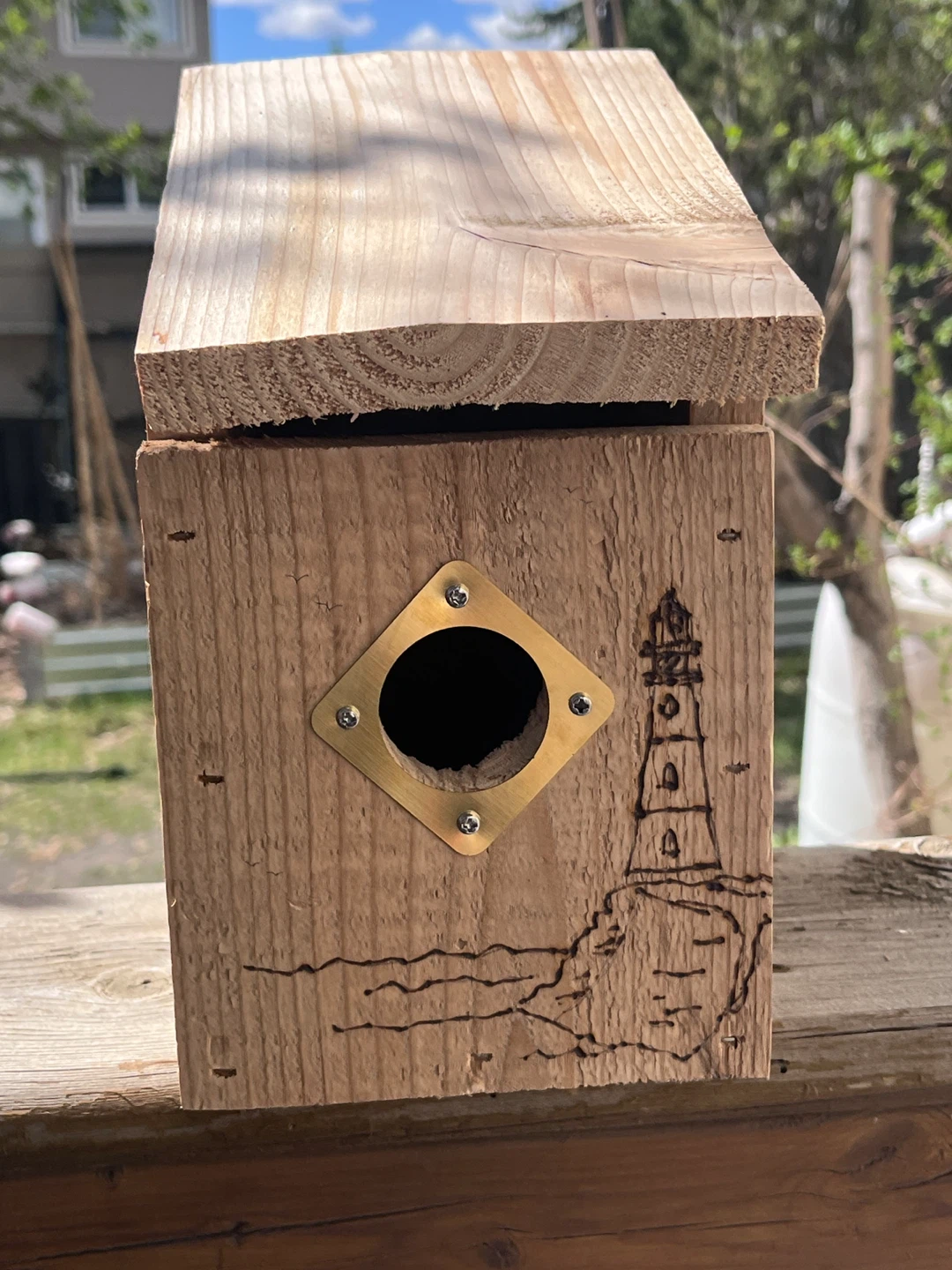 Cedar Bird House, handmade & wood burned with lighthouse
