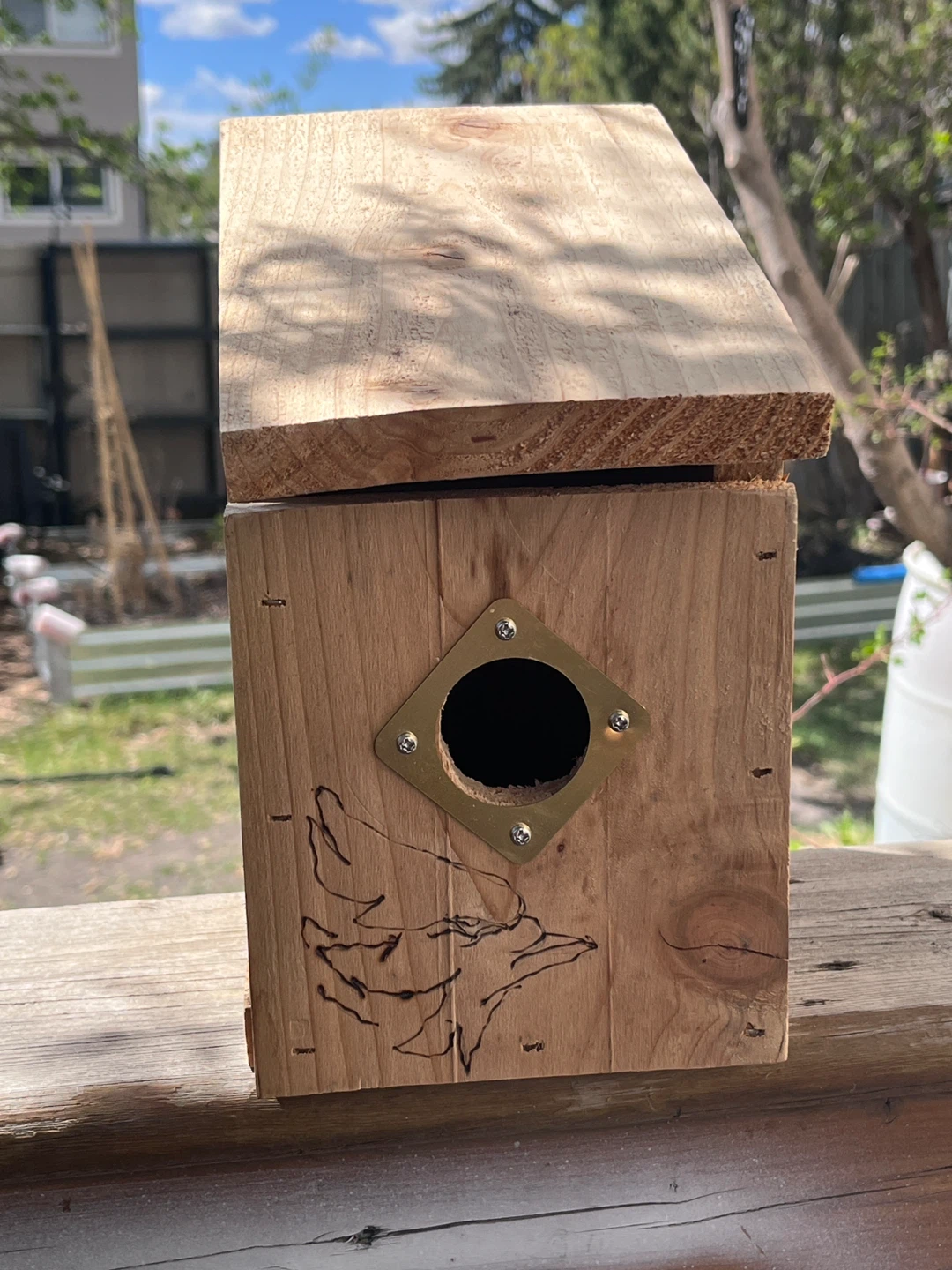 Cedar Bird House, handmade & wood burned with Bluejay