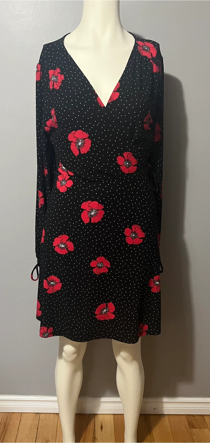 Black & White Polka Dot Red Poppy Wrap Dress