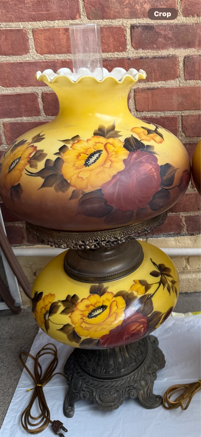 Hand Painted Yellow-Multicolor Fenton Hurricane Glass Lamp