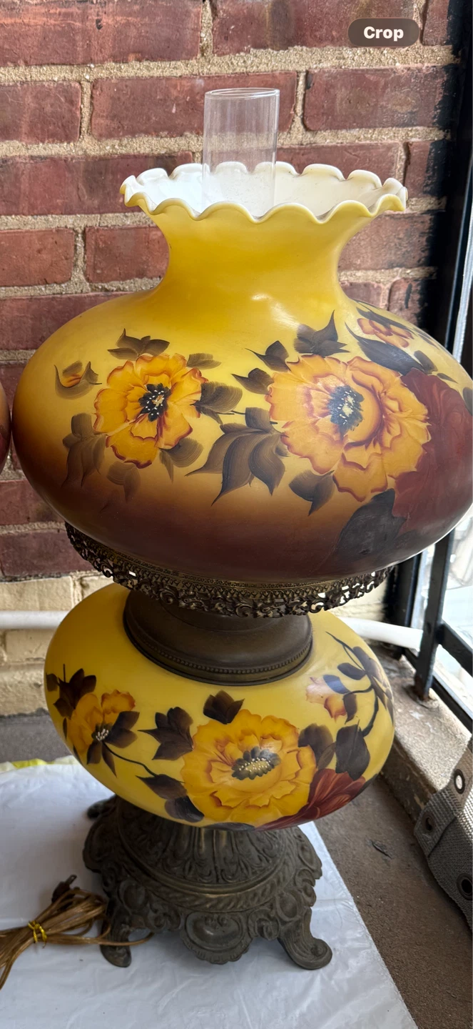 Hand Painted Yellow-Multicolor Fenton Hurricane Glass Lamp - photo 2