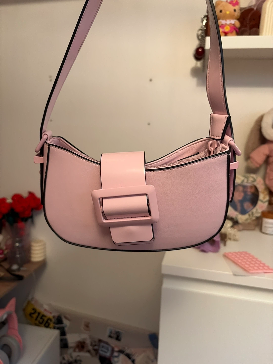 Pink Shoulder Bag with Buckle Accent