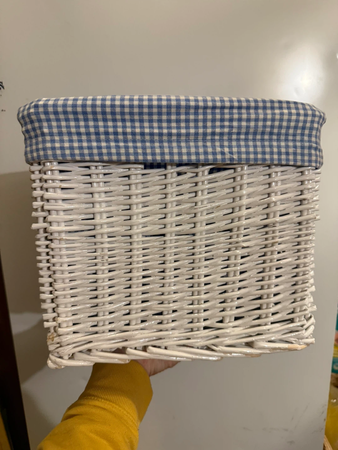 White Wicker Storage Basket with Blue Gingham Liner