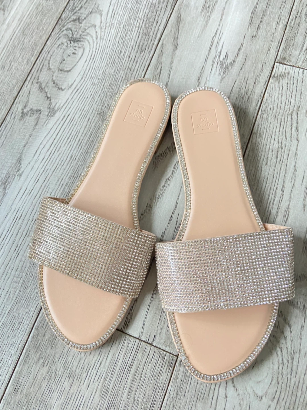 Blush Pink Rhinestone Flat Sandals - Size 9